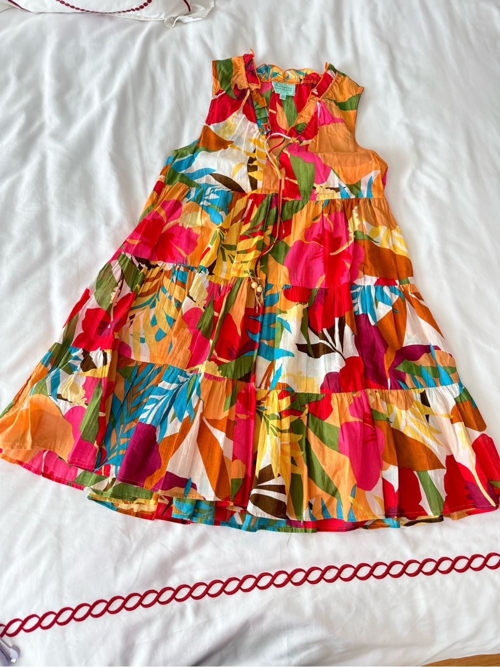Vibrant Tropical Tiered Mini Dress in Pink, Orange, Green, Blue